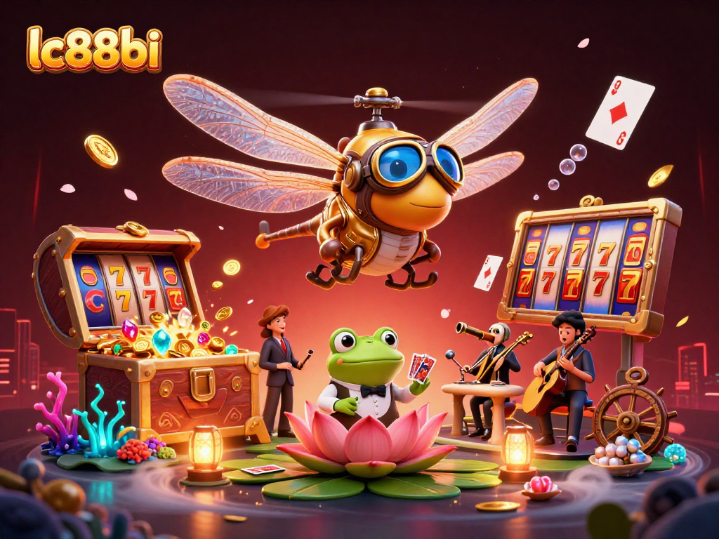 Engage with lc88bi at a lively lily pad casino featuring vibrant dragonfly pilots and dynamic card games.