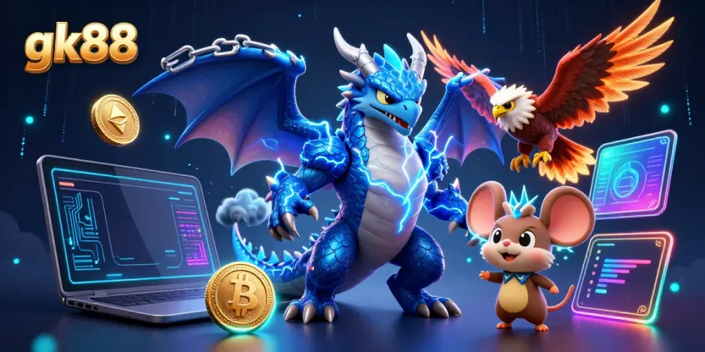 Experience the excitement of gk88 gaming with an electrifying scene of fantasy characters and cryptocurrency elements.