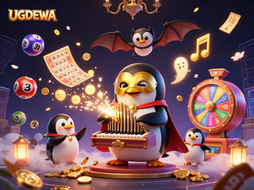 Experience the thrilling UGDEWA gaming scene with vibrant lottery elements in a festive 3D illustration.