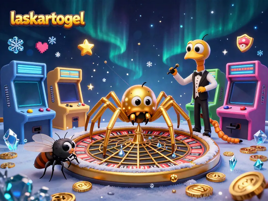 Engage with laskartogel in this vibrant 3D casino illustration featuring a spider spinning a roulette wheel.