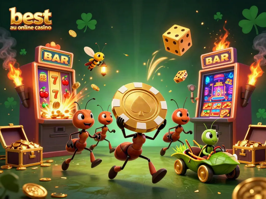 Experience the excitement at the best au online casino with ants heisting a giant poker chip and golden gaming elements.