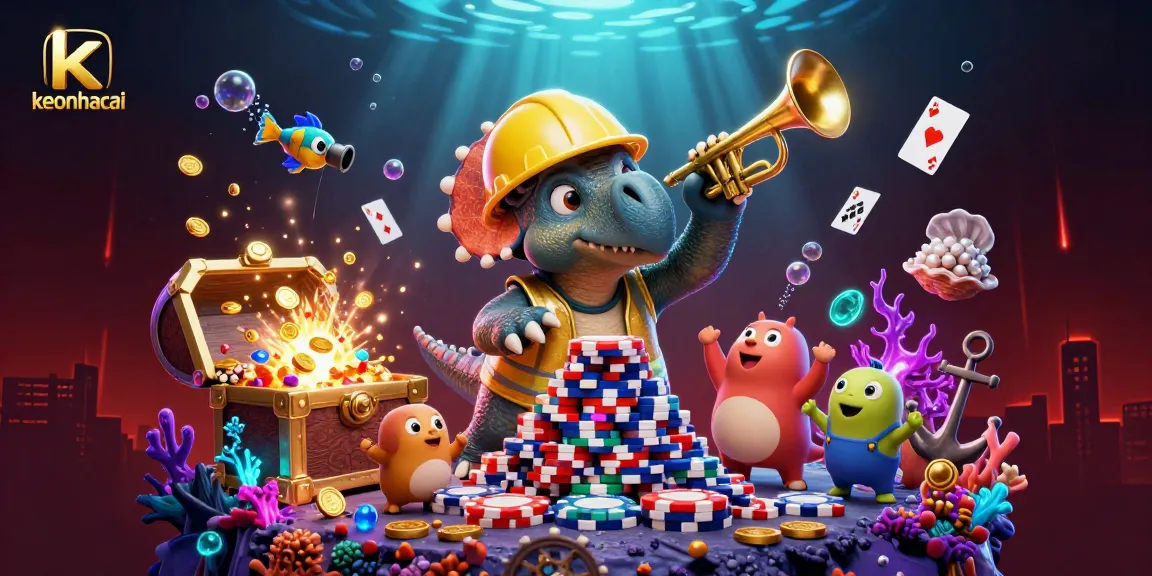Celebrate with keonhacai as the triceratops builds poker chip pyramids in a vibrant casino scene.