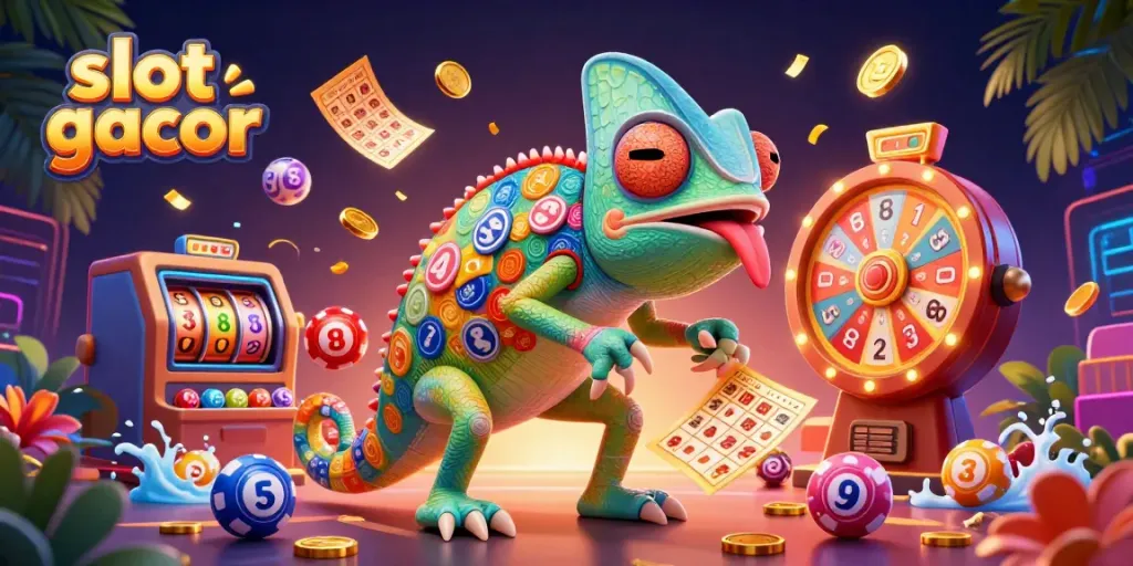Experience the vibrant slot gacor scene with a chameleon casino owner and dynamic game elements.