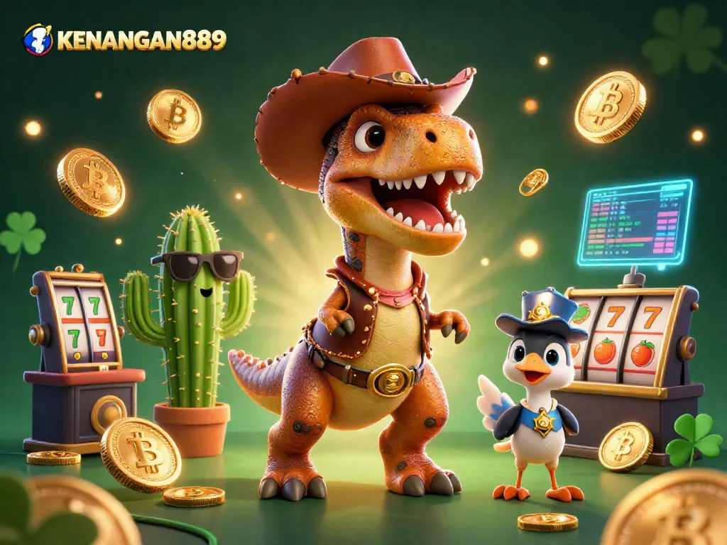Experience KENANGAN889 with dynamic slot action and vibrant casino elements in a colorful 3D scene.