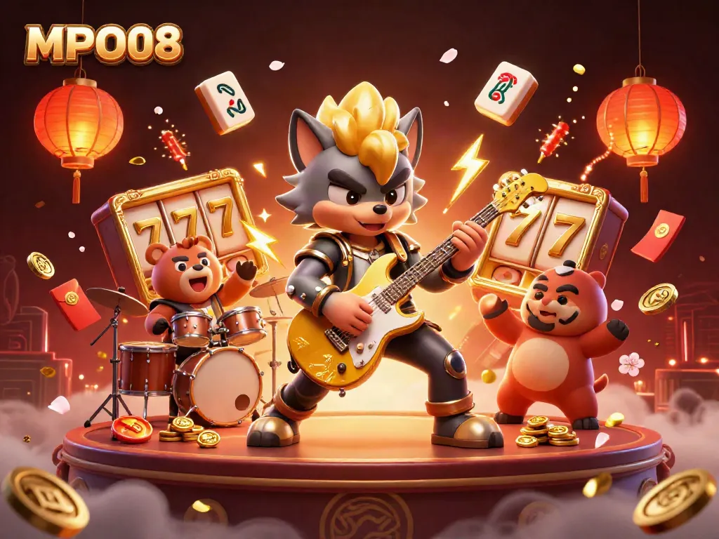 MPO08 launches exciting slot gameplay with a vibrant scene featuring a rock star wolf and dynamic game elements