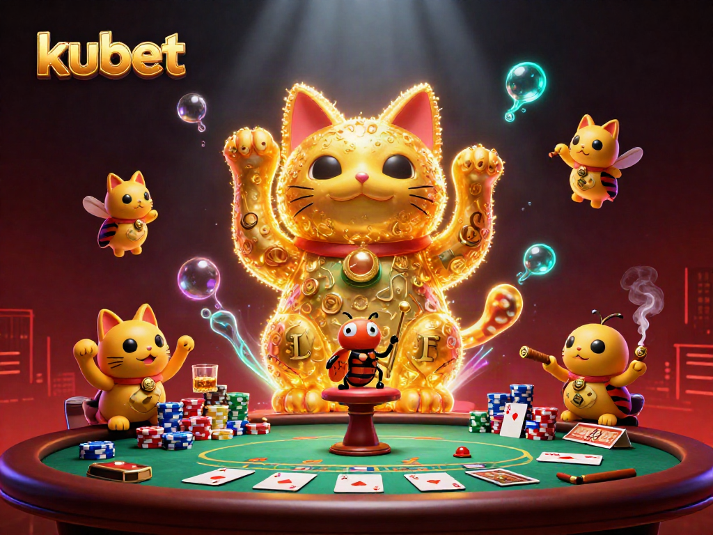 Engage in thrilling kubet gameplay with a colorful 3D illustration of a lucky cat and casino elements.