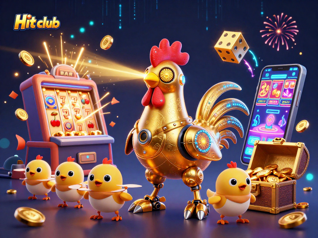 Experience the excitement of Hit club's dynamic casino scene with golden rooster and slot machines.