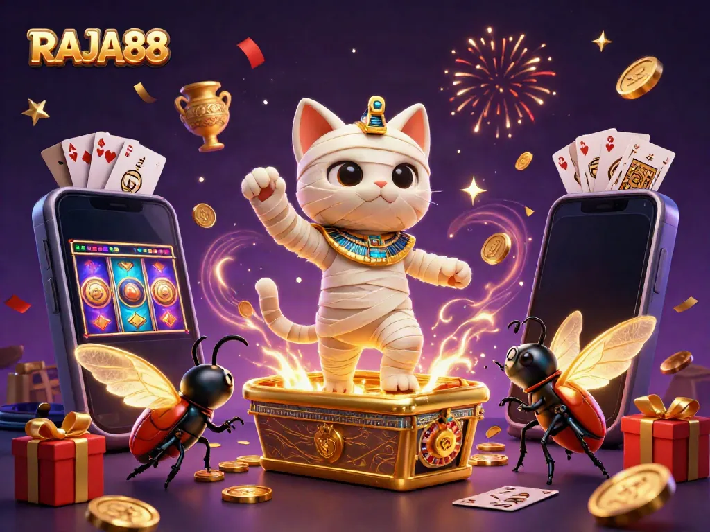 RAJA88 menghadirkan kucing mumi 3D dan scarab di kasino piramida yang meriah.