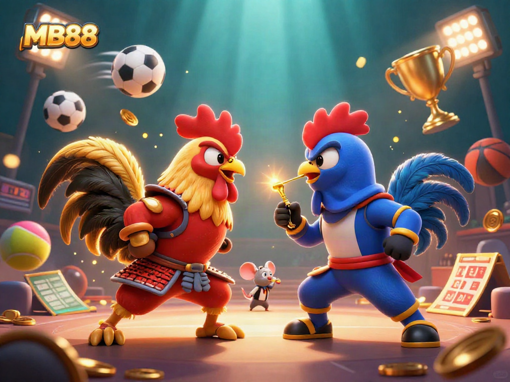 Engage in thrilling competition with MB88 as roosters battle amid vibrant sports elements in a 3D digital arena.