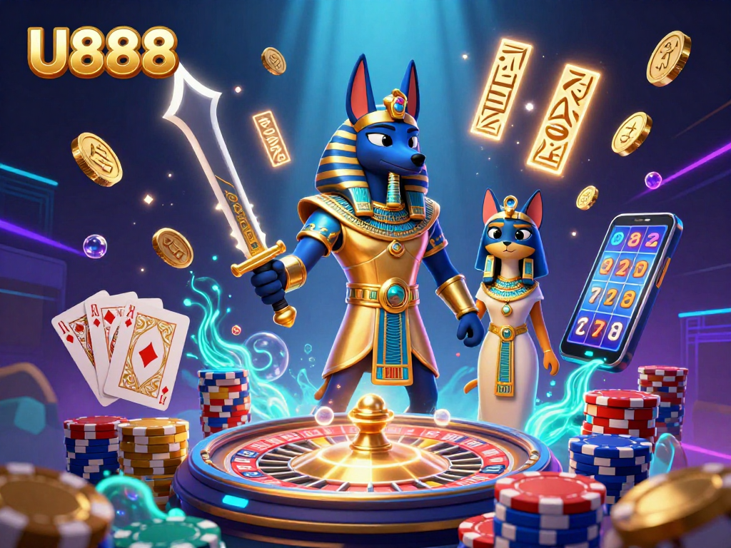 Experience the thrill of U888 with Anubis and Bastet among cascading coins and jackpots.