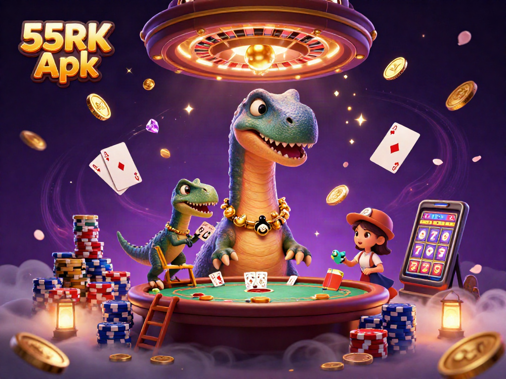 Engage in winning strategies with games on 55RK Apk amidst vibrant casino characters.