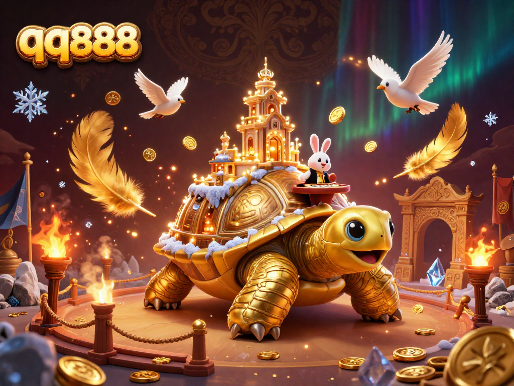 Engage in exciting gameplay at qq888 with golden tortoise casino and rabbit dealer surrounded by coins.