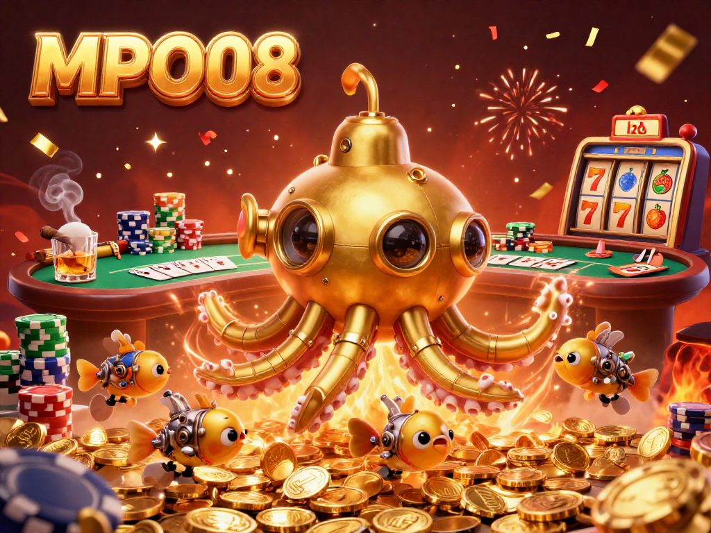 MPO08 offers a vibrant scene depicting a golden kraken submarine surrounded by poker elements, showcasing an exhilarating gambling experience.