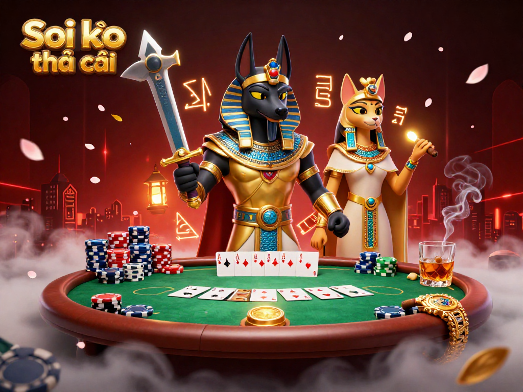 Soi kèo nhà cái showcases a vibrant casino scene with Anubis, Bastet, and poker elements in a rich illustration.