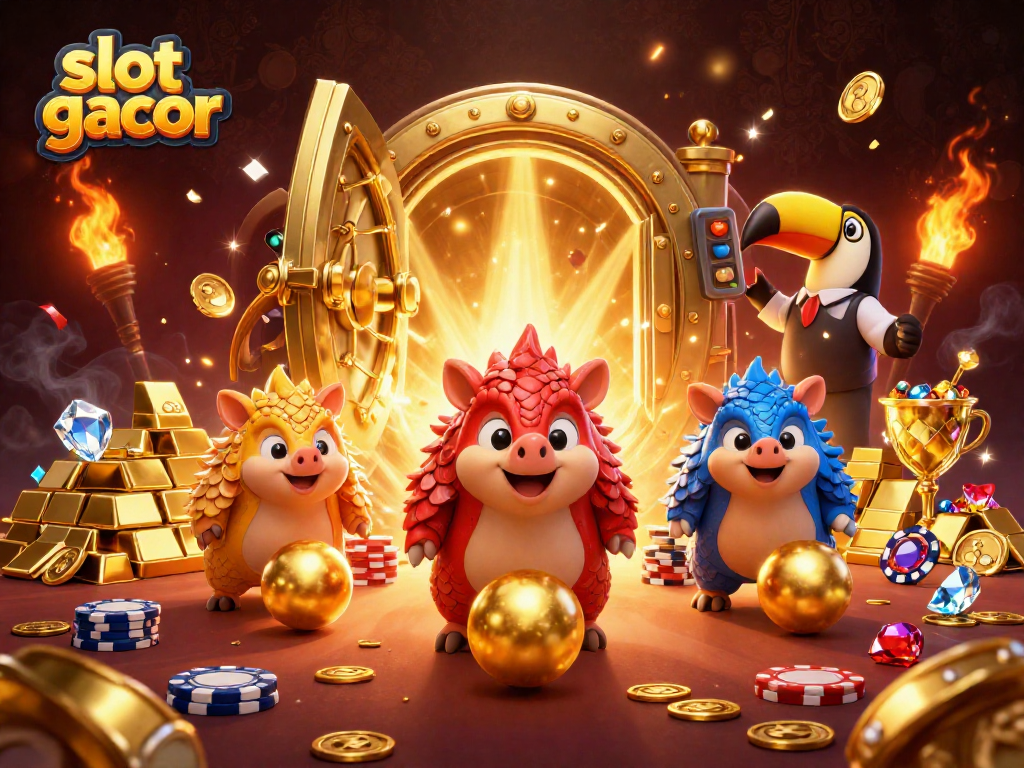 Permainan slot gacor menampilkan pangolins yang bersaing di antara tumpukan chip poker dan emas.