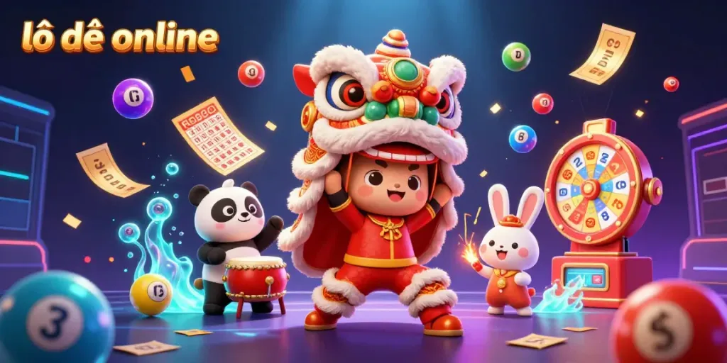Experience the excitement of lô đề online with colorful lottery elements and vibrant characters in this dynamic illustration.
