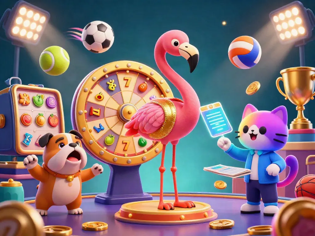 Engaging scene of slot-themed characters, including a flamingo host, bulldog contestant, and cat assistant, surrounded by colorful slot elements.