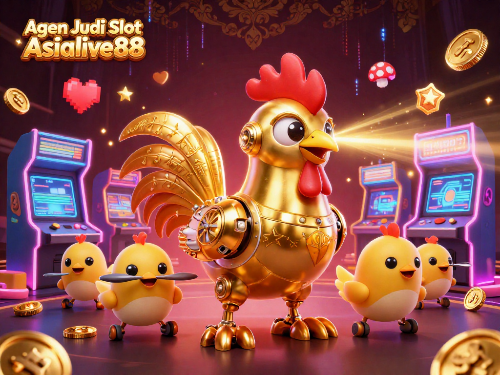 Agen Judi Slot Asialive88 features a dynamic 3D illustration of a golden rooster robot and baby chick drones in a vibrant casino scene.