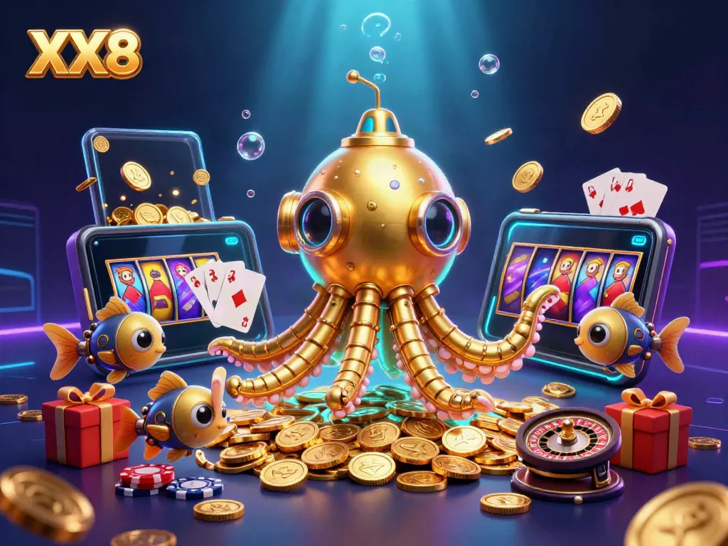Engage with the thrilling world of XX8 featuring a golden kraken submarine amidst golden coins and exciting game elements.