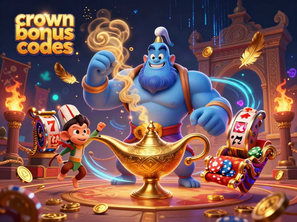 "Win with crown coins bonus codes in a vibrant 3D casino atmosphere featuring a genie and poker chips."