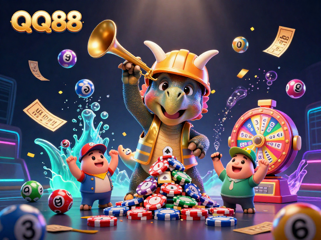 Join the excitement of QQ88 with a dynamic scene of casino characters celebrating wins and vibrant gaming elements.