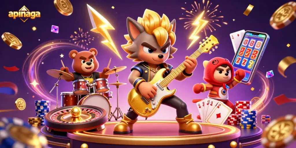 Experience winning strategies at Apinaga's vibrant casino stage featuring dynamic characters and action.