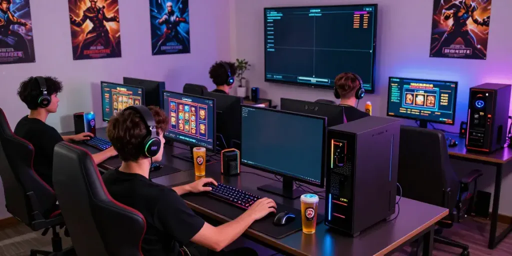 Engaged players enjoying slot games on Bro138 platform in a vibrant gaming setup.