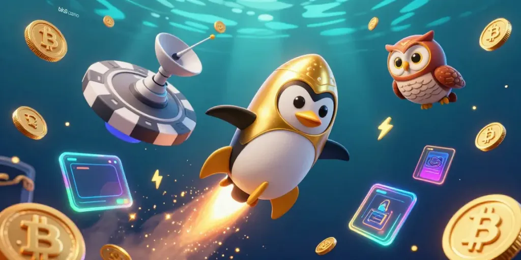 Engage with bk8 casino's vibrant universe through a surreal 3D scene of a golden penguin in space, surrounded by crypto elements.