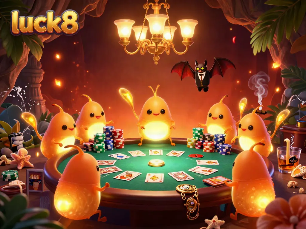 Experience the vibrant luck8 glowworms illuminating a high-energy casino scene filled with cards and poker elements.