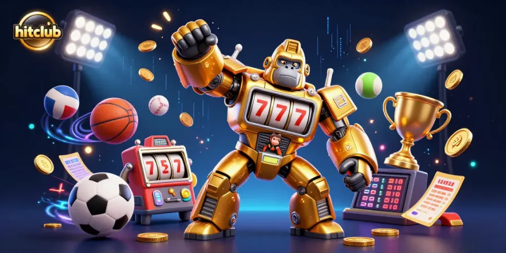 Experience casino excitement with hitclub's dynamic golden gorilla mech in an engaging gaming scene.