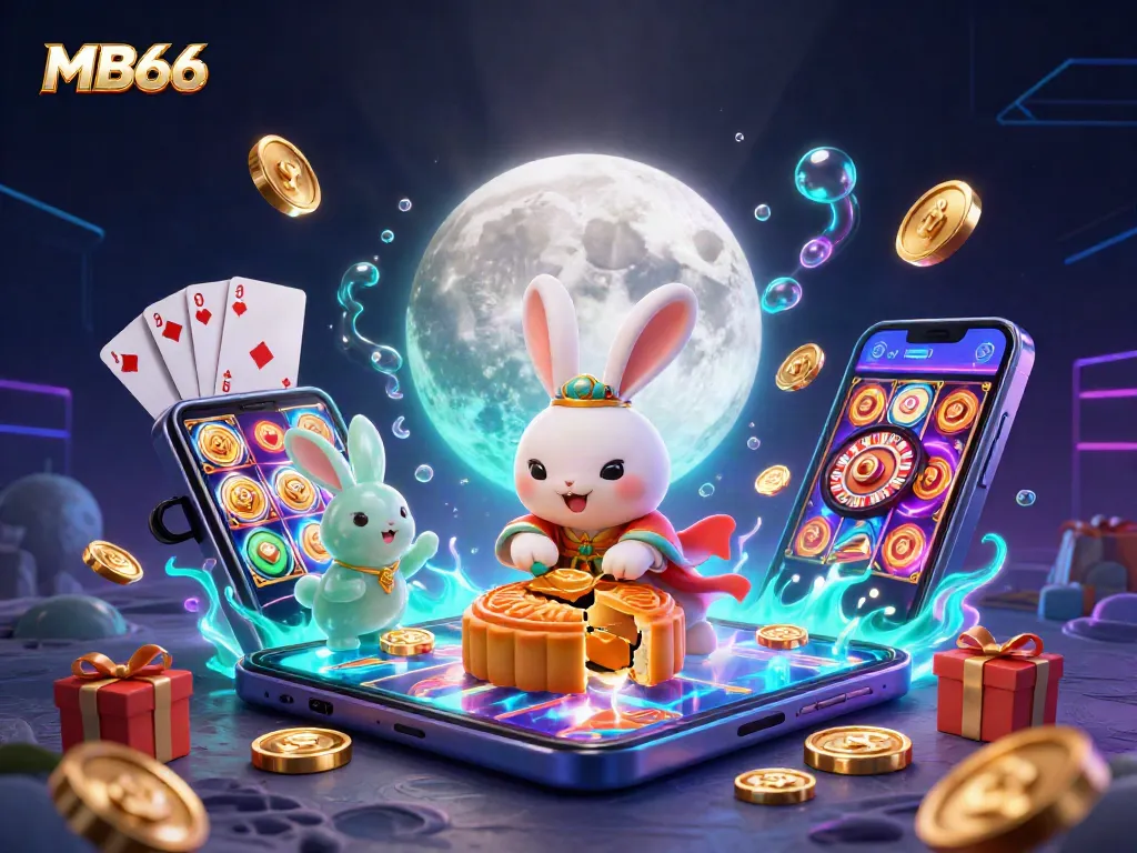 Engage with MB66 as the moon rabbit reveals golden poker chips from lunar mooncakes, surrounded by vibrant casino elements.