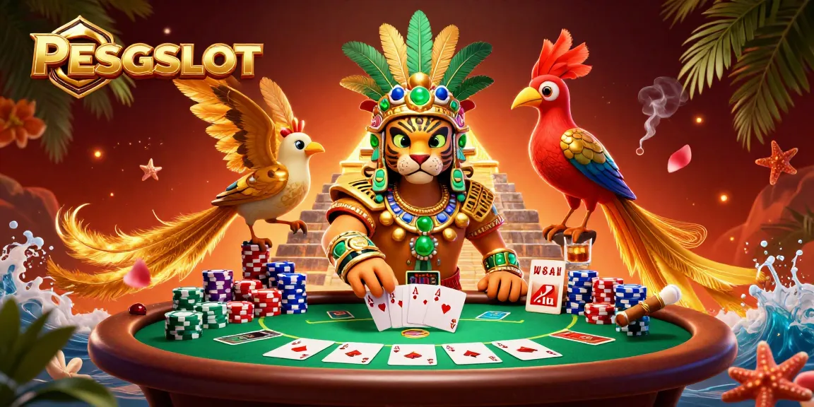 PESGSLOT showcases a vibrant casino scene with a Mayan priest, poker elements, and rich colors.