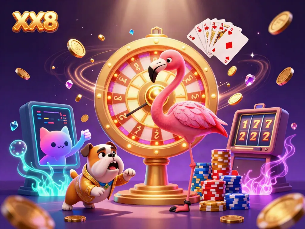 Spin the prize wheel with the XX8 casino-themed 3D characters in a vibrant, captivating scene.