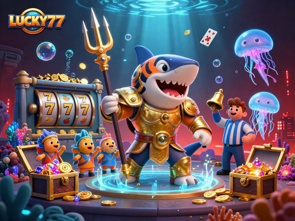 Engage with LUCKY77 as a tiger shark in gladiator armor battles for treasure in a vibrant underwater casino scene.