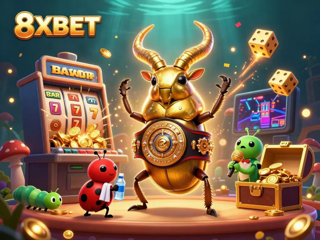 Experience exhilarating gaming with 8XBET as the giant stag beetle and friends celebrate a jackpot win.