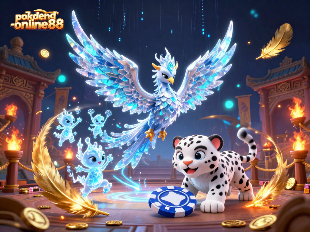 Play Pok Deng at pokdeng-online88 with a vibrant illustration of an ice phoenix, snow leopard cub, and glowing sprites.
