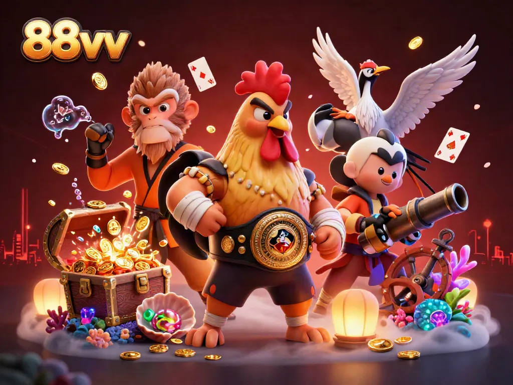 Cockfight action in the world of 88vv with dynamic characters and vibrant casino elements