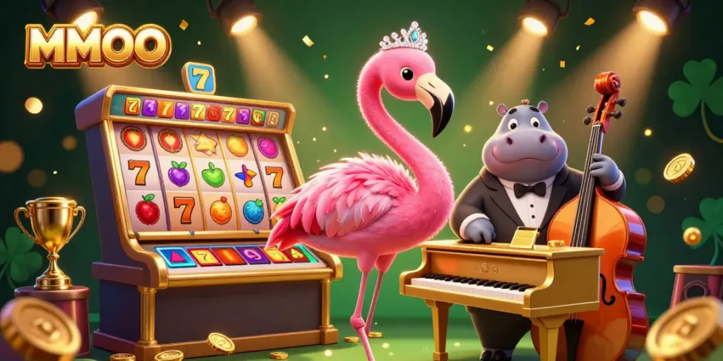 Experience MMOO's exciting slots with captivating characters and dynamic casino elements in a lively scene.
