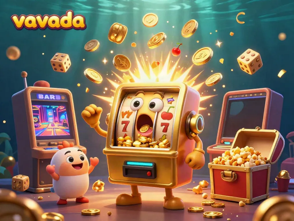 vavada's golden slot machine hits a jackpot, showering coins in a vibrant casino scene.