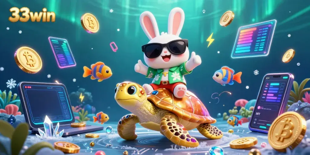Play exciting games at 33win casino with colorful characters and glowing crypto elements.