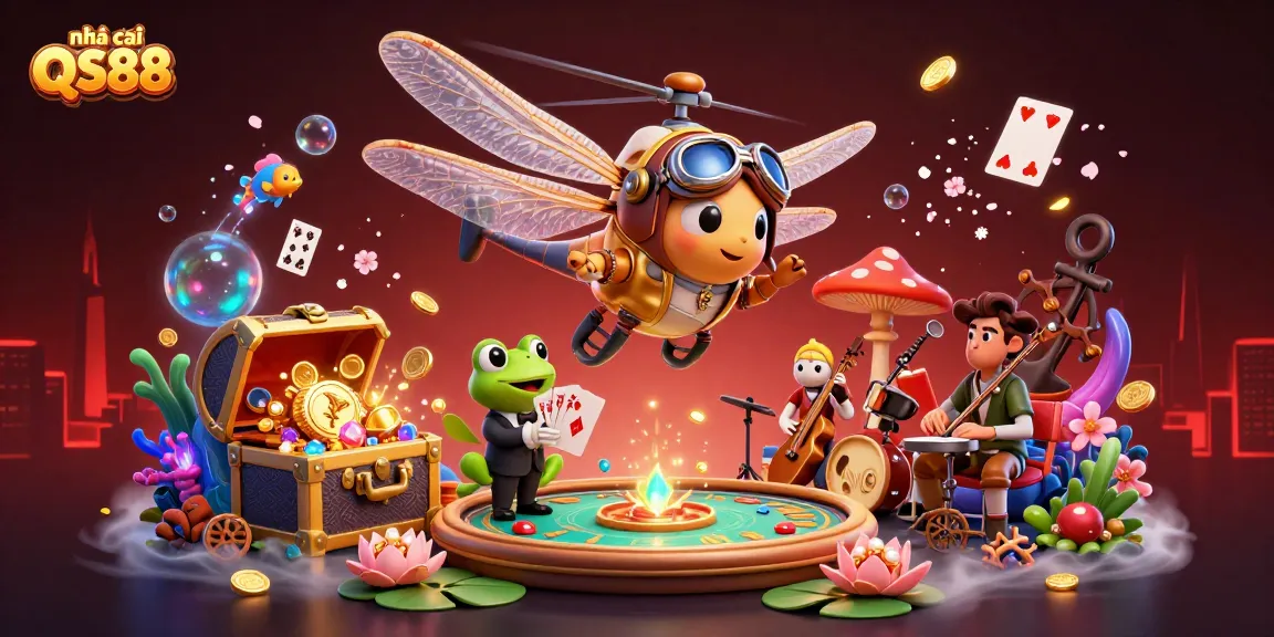 Engage in thrilling gaming at nhà cái QS88 with lively cartoon characters in a vibrant casino setting.