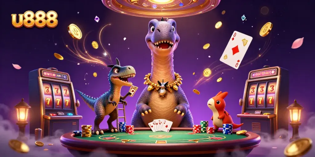 Experience u888 with vibrant casino elements brought to life in a dynamic 3D scene.