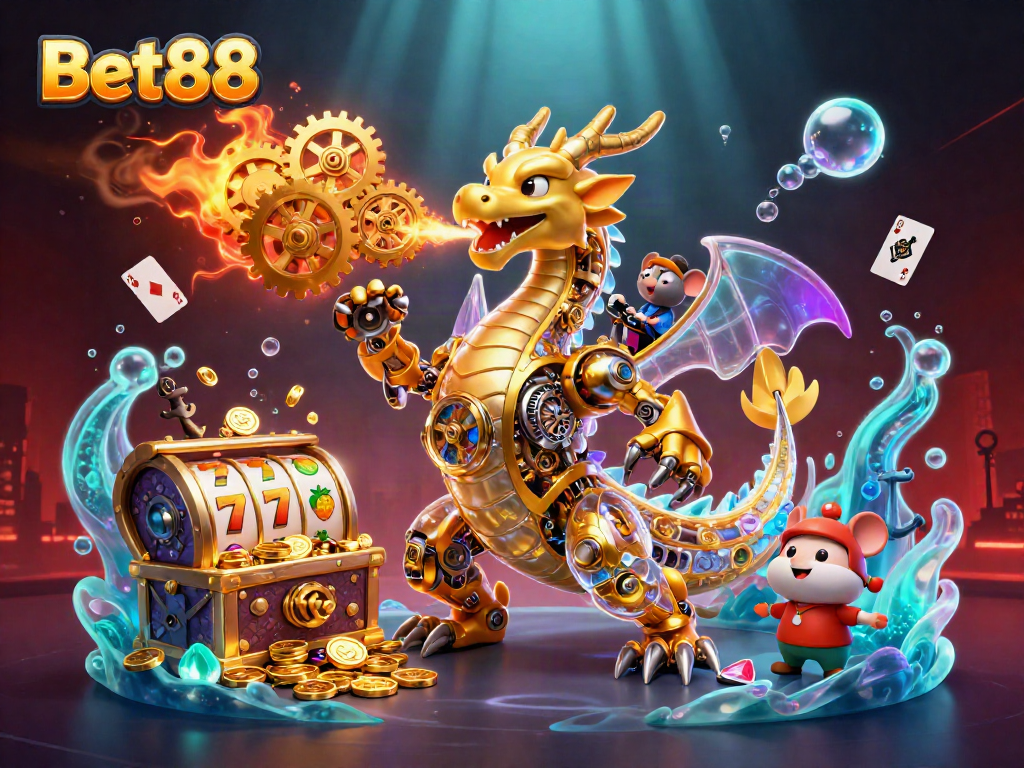 Experience thrilling wins with Bet88 in this dynamic casino scene featuring a golden dragon and vibrant gaming elements.