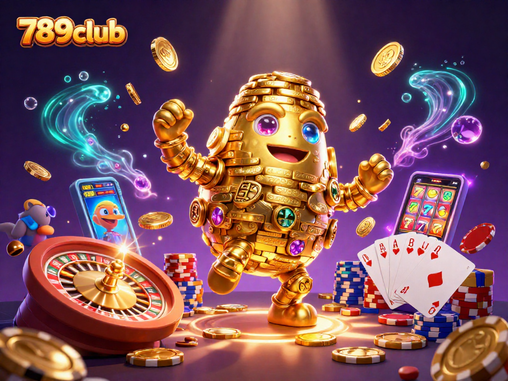 Trải nghiệm slot game tại 789club với sự chuyển động của golem vàng, các đồng tiền và trò chơi hấp dẫn.