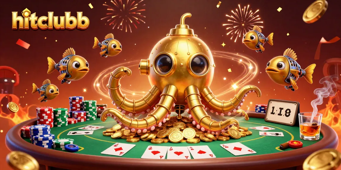 Hitclubb immerses players in vibrant gaming scenes with a golden kraken submarine and poker festivities.