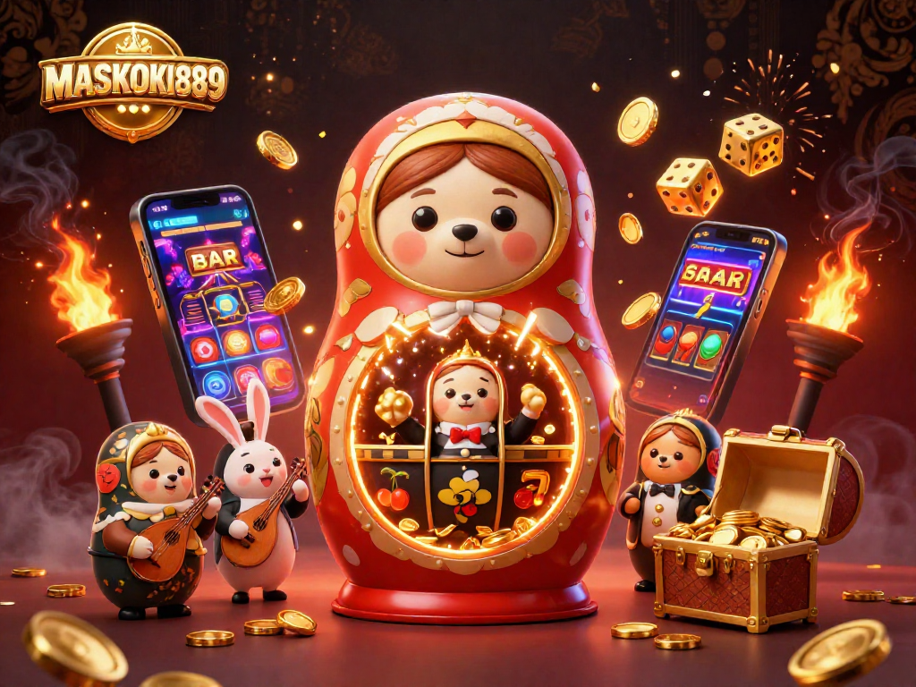 Experience the excitement at MASKOKI889 with vibrant 3D casino illustration showcasing lively characters and dynamic gameplay.