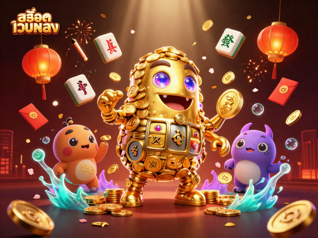 Experience the thrill of สล็อตเว็บตรง with dynamic golden golem and casino elements in an exciting 3D scene.