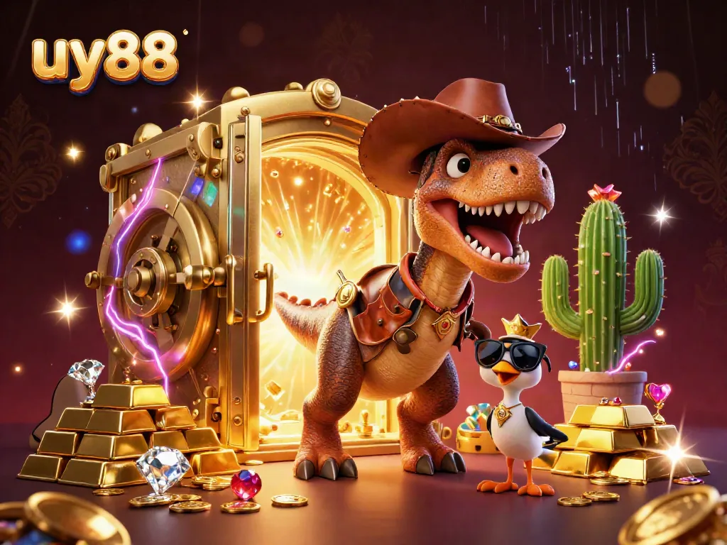 uy88 captures an exhilarating casino adventure with a 3D dinosaur and treasure, promising fun and excitement!