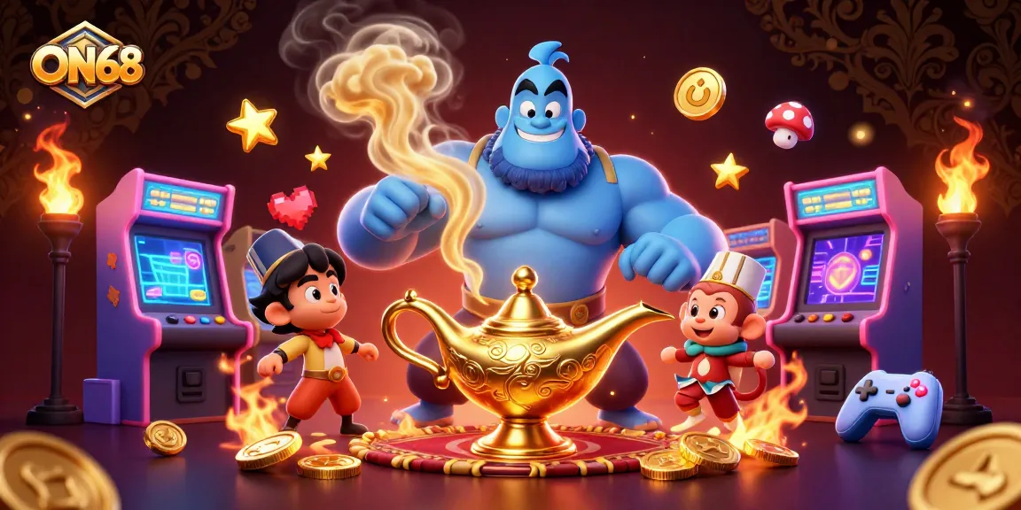 Experience the excitement of winning at ON68 with our vibrant 3D illustration showcasing casino elements and characters.