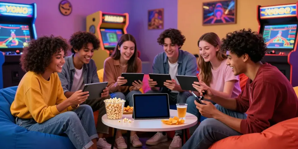 Group of friends enjoying Yono Arcade on a tablet in a vibrant gaming setup